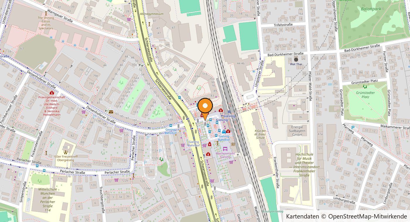 Kartenausschnitt von München-Giesing. Ein Pin markiert das Gesundheitszentrum am Giesinger Bahnhofplatz 7, unmittelbar neben dem Giesinger Bahnhof.